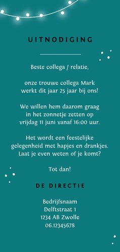 Jubileum werk uitnodiging feestelijk x jaar in dienst Achterkant