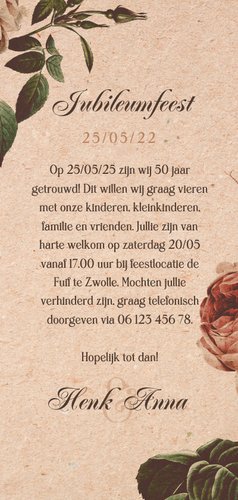 Jubileumkaart 50 jaar vintage met foto en bloemen Achterkant