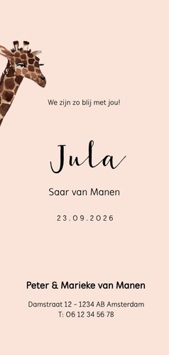 Jungle geboortekaartje met een busje vol dieren Achterkant