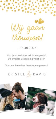 Kerst save the date kaart met kalender en goudlook stippen Achterkant