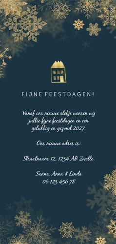 Kerst-verhuiskaart met gouden accenten en foto's Achterkant