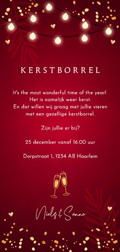 Kerstborrel uitnodiging rood confetti goudlook Achterkant