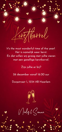 Kerstborrel uitnodiging rood confetti goudlook Achterkant