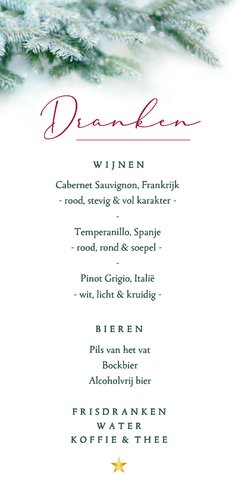 Kerstdiner menukaart dennentakjes Achterkant