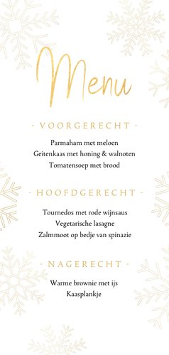 Kerstdiner menukaart met gouden sneeuwvlokken Achterkant