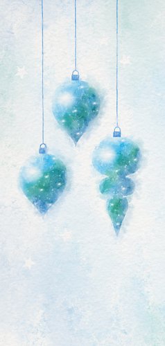 Kerstkaart blauw-groen aquarel met 3 kerstballen 2