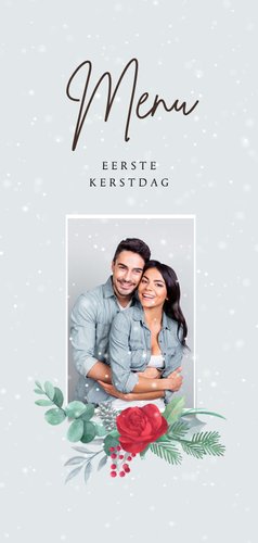 Kerstkaart kerstdiner menukaart krans rozen foto sneeuw Achterkant