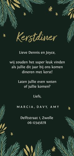 Kerstkaart kerstdiner uitnodiging winter foto takjes goud Achterkant