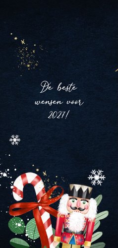 Kerstkaart kerstelementen notenkraker denneappel foto's goud 2