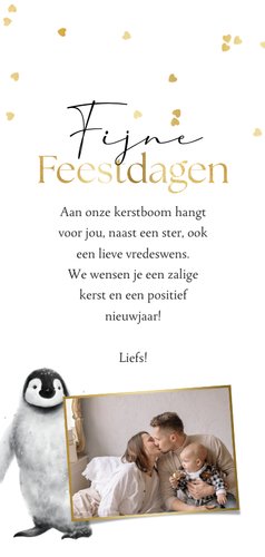 Kerstkaart kerstknuffel pinguïn hartjes goud Achterkant