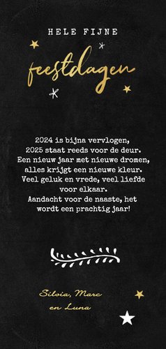 Kerstkaart krijtbord goud typografie winter sterren goud Achterkant