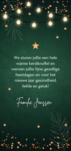 Kerstkaart langwerpig groen foto lampjes sterren koperlook Achterkant