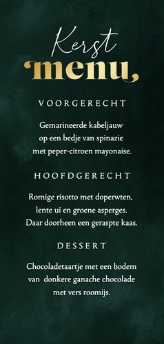 Kerstkaart menu dennentakken groen goud sterren Achterkant