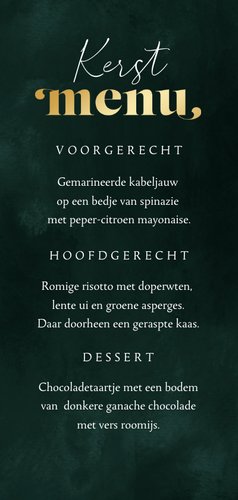 Kerstkaart menu kerstdiner dennentakken groen goud sterren Achterkant