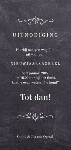 Kerstkaart met nieuwjaarsuitnodiging Achterkant