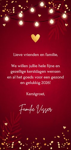 Kerstkaart rood langwerpig foto lampjes goudlook 2026 3