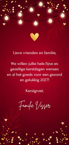 Kerstkaart rood langwerpig foto lampjes goudlook 2027 3