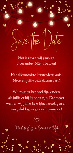 Kerstkaart Save the Date rood confetti goudlook Achterkant