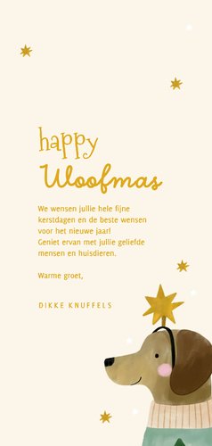 Kerstkaart teckel met kerstboom trui sterren happy woofmas 3