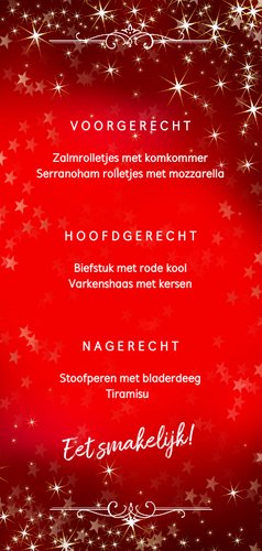 Kerstkaart voor een menu op een mooie sfeervolle kersttafel Achterkant