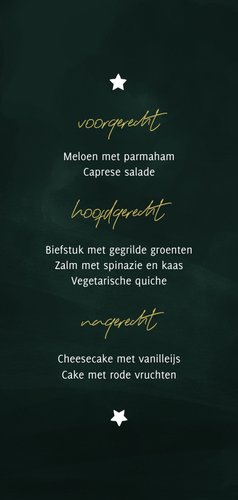 Kerstmenu met kersttakjes en gouden sterren Achterkant