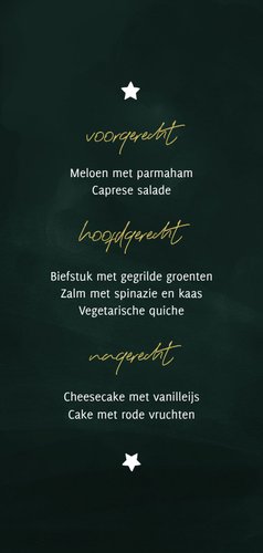 Kerstmenu met kersttakjes en gouden sterren Achterkant