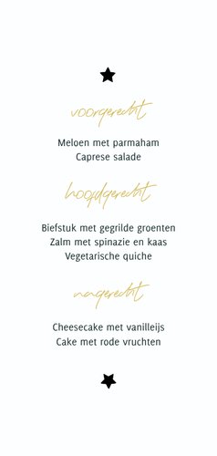 Kerstmenu zwart-wit met kersttakjes en gouden sterren Achterkant