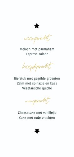 Kerstmenu zwart-wit met kersttakjes en gouden sterren Achterkant