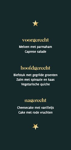 Kerstmenukaart in goudtint en donkergroen met sterren Achterkant