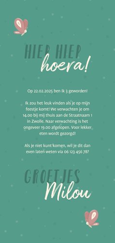 Kinderfeestje met unicorn en vlinders uitnodiging Achterkant