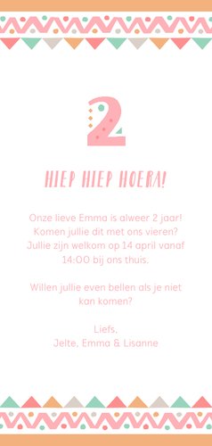Kinderfeestje tribalstijl uitnodiging 2 jaar meisje Achterkant