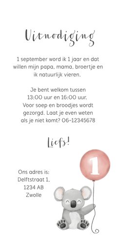 Kinderfeestje uitnodiging 1 jaar jungle ballonnen foto koala Achterkant