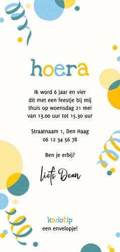 Kinderfeestje uitnodiging confetti serpentines geel blauw Achterkant