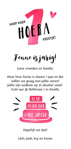 Kinderfeestje uitnodiging meisje hip en roze met taart Achterkant