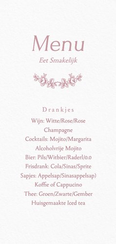 Klassiek menukaartje wit met vintage roze bloemen 2
