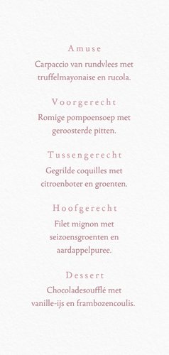 Klassiek menukaartje wit met vintage roze bloemen 3