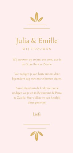 Klassieke langwerpige trouwkaart met gouden ornament Achterkant