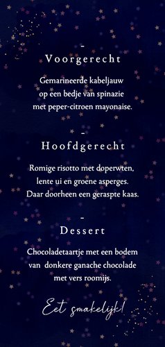 Klassieke menukaart kerst kerstster goud confetti Achterkant