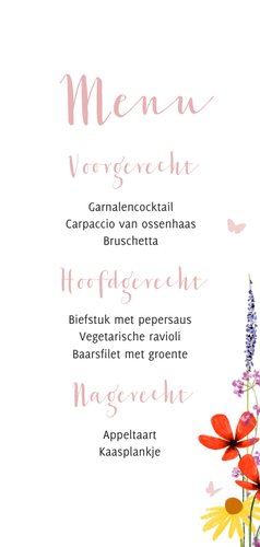 Kleurrijke menukaart veldbloemen vlinders Achterkant