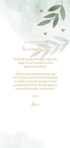 Kraamfeest waterverf mintgroen takjes gouden hartjes 3