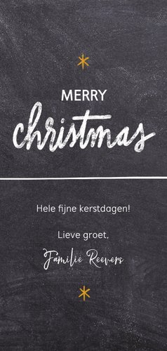 Lange kerstkaart met grote foto, sterren en merry christmas Achterkant