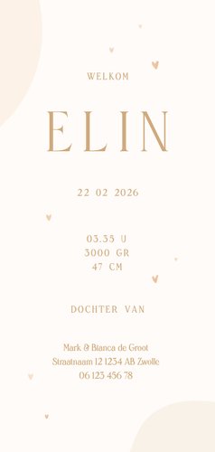 Langwerpig geboortekaartje foliedruk lijntekening bloemen Achterkant