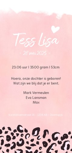 Langwerpig geboortekaartje meisje met roze luipaard print Achterkant