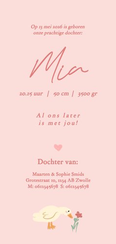 Langwerpig geboortekaartje met schattige eendjes roze Achterkant