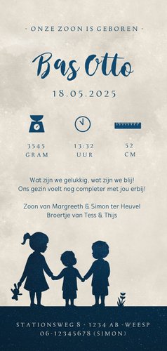 Langwerpig geboortekaartje silhouet 3 kinderen in een maan Achterkant