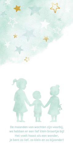 Langwerpig geboortekaartje voor een broertje met 2 zussen 2