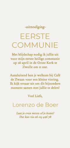 Langwerpige communiekaart met foto en gouden kerkje 3
