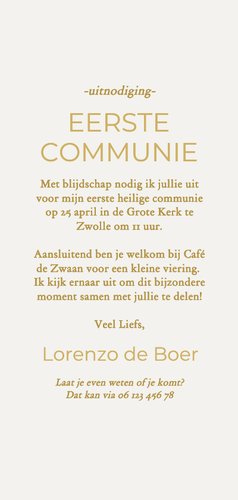 Langwerpige communiekaart met foto en gouden kerkje 3