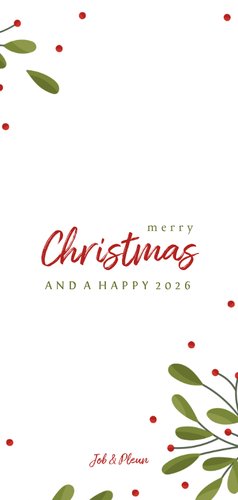 Langwerpige fotocollage kerstkaart met takjes en besjes Achterkant