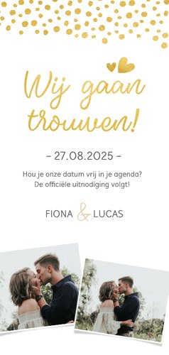 Langwerpige Save the Date kaart kalender met gouden hartjes Achterkant